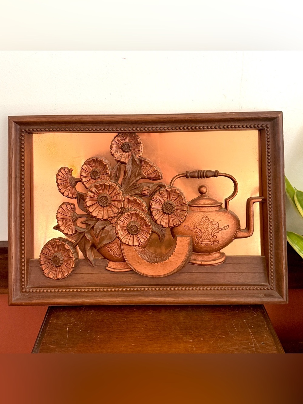 Vintage 70s Wall Hanging Teapot Daisies Coppercraft Guild 3D Faux Copper Kitchen